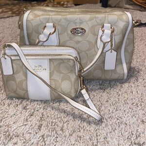 Coach Beige Canvas Satchel and Wristlet with White Trim